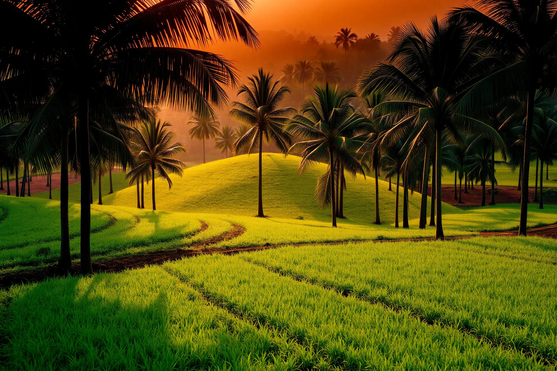 Golden-hour view across the palm and cassava fields of Natural Signatures Farm in Nigeria
