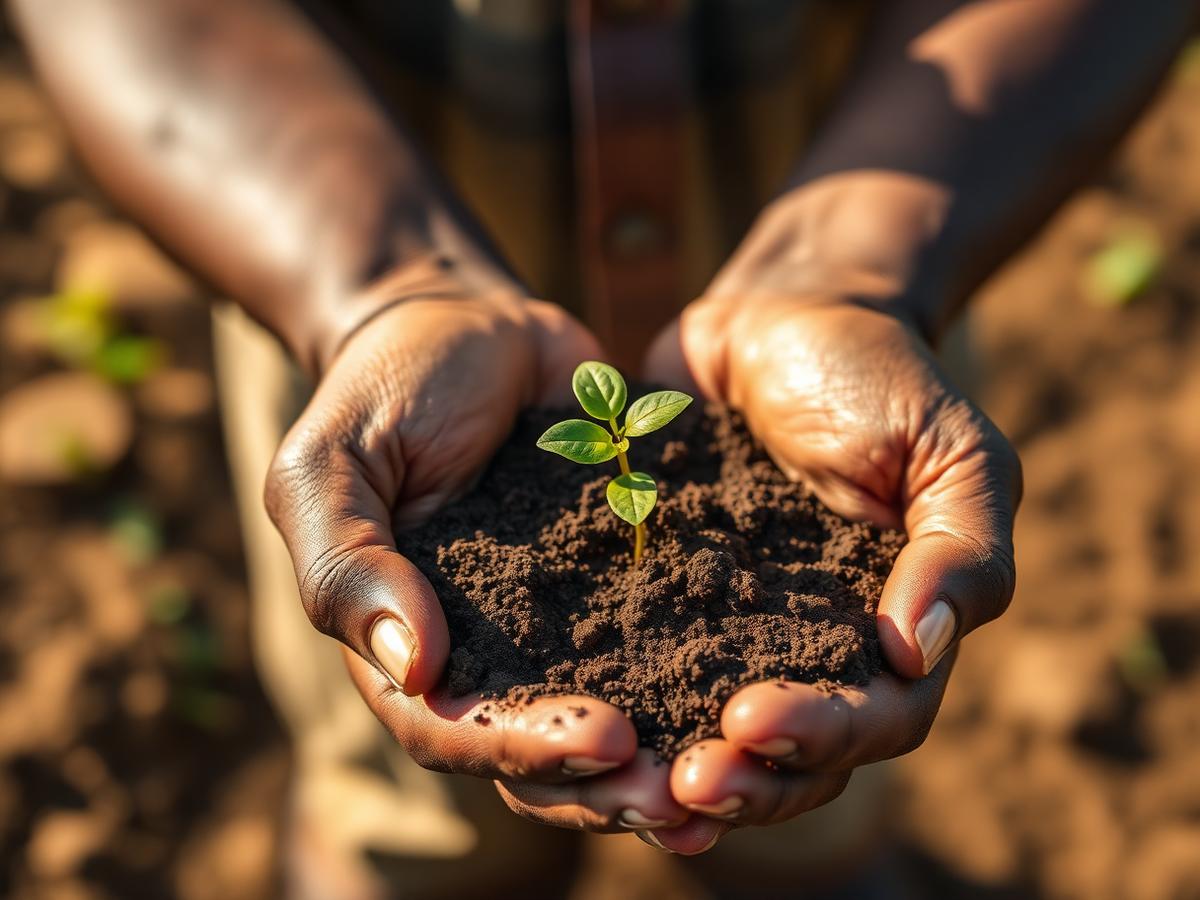 Hands cupping rich soil with a small green seedling growing from it